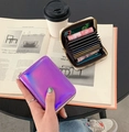 Purple holographic accordion card holder with multiple slots and secure zipper closure - Laser Purple