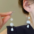 Elegant Chinese fan pearl tassel earrings with white flower charms and gold hooks - Lotus Drop S3408