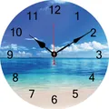 Round wooden wall clock featuring a realistic blue sky beach landscape and Arabic numerals - Deep Blue Sky Beach
