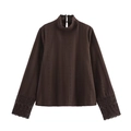 Top marrón oscuro de manga larga con encaje elegante en el cuello alto y puños - XS / café