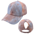 Detailed view of tie-dye ponytail baseball cap with back cutout and adjustable metal buckle - Blue Orange Taupe Tie-Dye (Style 3)