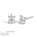 Silver stainless steel stud earrings with four-petal white pearl floral design - Steel