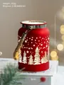 Red metal Christmas lantern with snow scene engraving and hemp rope handle, 12cm height - Short Handle Style / Red
