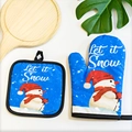 Blue Christmas oven mitt and pot holder set with snowman and Let it Snow print - H023 Blue Hat Snowman