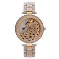 Orologio al quarzo da donna lussuoso con testa di leopardo in cristalli e cinturino bicolore - Bicolore (Oro e Argento)