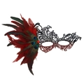Venezianische Maske mit schwarzer Spitze und tiefroten Pfauenfedern im Halbgesicht-Stil - Feder Strass Phönix - Schwarz & Rot