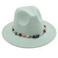 Detail of mint green wool fedora hat featuring a beaded bohemian style ethnic band - One Size / Mint Green (Obsidian Decoration)