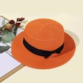 Flat top orange straw hat with a black ribbon bow and decorative dried flowers - Orange