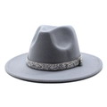 Detailed texture of grey wool felt jazz hat featuring a sparkling rhinestone band ornament - Light Gray