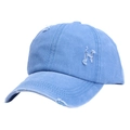 Gewaschene hellblaue Baumwoll-Basecap im Distressed-Look mit X-Cross-Pferdeschwanz-Loch - Verstellbar / Saphirblau
