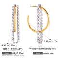 Macro view of C-shape 18K gold earrings with cubic zirconia and size dimensions - Gold Double Row Rhinestone Hoop Style (JDE0112285-PS)