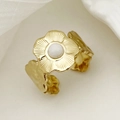 Macro shot of 14K gold stainless steel ring with white stone in flower design - Adjustable Open / Floral White Inlay(R0054-02)