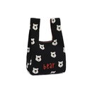 Knitted bucket bag in black featuring a white bear pattern and red bear text embroidery - Full Bear Print Black