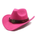 Detail of rose red felt cowboy hat featuring leather band and vintage metal flower - M (56-58cm) / Rose Red