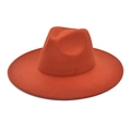 Close-up of orange wool felt fedora showing wide brim and classic indented crown structure - M (56-58cm) / Caramel color