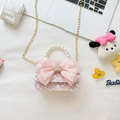 Pink sequin girls' handbag with lace bow, pearl handle, and golden metal chain - Pink Crown Bow