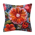 3D floral embroidery cushion cover with orange and red flowers on blue fabric - 18x18 Inch