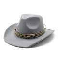 Détail d'un chapeau de cow-boy gris avec bande ethnique, perles dorées et cordon - M (56-58cm) / Gris
