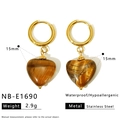 Detail view of heart-shaped tiger eye stone earrings with 15mm stainless steel gold frames - Classic Heart Pendant Style (NB-E1690)