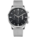 Detail of silver mesh band and black chronograph dial with calendar on Geneva quartz watch - Silver Case Black Dial Silver Mesh Strap