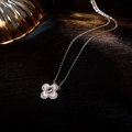 Detail of clover pendant with pink gemstone and white enamel on silver chain - 10# Necklace - Silver - Clover Pink Diamond