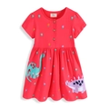 Kurzärmeliges rotes Baumwoll-Mädchenkleid mit süßer Dino-Stickerei und Holzknöpfen - 2T (80-90cm) / Rot (Dinosaurier-Druck)