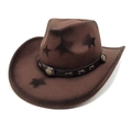 Dark brown wool western cowboy hat with star patterns and vintage metal buckle belt - M (56-58cm) / Coffee