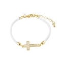 Detail view of woven white cord bracelet featuring a gold-plated cross with zircon stones - Cross / White