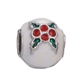 Silver bead with white enamel finish featuring red winter berries and green leaves - White Holly Pattern Bead (#42)