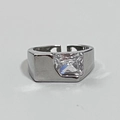 Detail of silver adjustable ring featuring a rectangle cut zircon and geometric band - Silver Rectangular Seal Zirconia