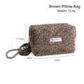 Brown leopard print faux fur makeup bag with carry handle and size measurements - Pillow Shape / Coffee Pillow Bag