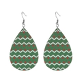 Detailed view of green faux leather teardrop earrings with red and white wavy patterns - Boho Zigzag Wave