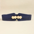 Detail of blue elastic belt with four interlocking gold coin-style buckles on faux leather - Navy Blue