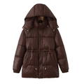 Brown mid-length hooded puffer coat with waist drawstring and quilted bread-style design - S / Coffee