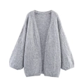Chunky knit oversized gray cardigan with lantern sleeves and relaxed drop shoulder design - S / Gray