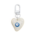 Detailed view of a heart-shaped evil eye keychain with blue resin and gold metal trim - Heart White (BE1266WH00)