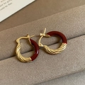 Elegant C-shaped vintage earrings featuring dark red enamel and twisted gold metal texture - 62# Earring Buckle Gold Red Color Block Enamel Buckle