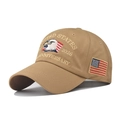 Close-up of khaki cotton baseball cap featuring 3D eagle embroidery and flag patch - Adjustable / Khaki