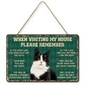 Vintage cat kitchen wall sign with green pattern and funny pet rules in rustic style - Poplar Wood / Funny Cat House Rules (Style B)