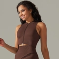 Chocolate brown seamless ribbed yoga set with zipper sports top and high waist leggings - Vest - Brown