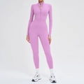 Slim fit long sleeve purple one-piece yoga bodysuit with stand collar and zipper - S / Top And Bottom (Without Chest Pads) / Sakura Pink