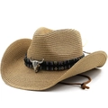 Men's khaki cowboy straw hat with ethnic band and metal bull skull charm at 45-degree angle - M (56-58cm) / Khaki