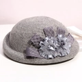 Elegant grey wool felt beret with decorative satin flowers and feather detailing - Marl Grey