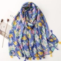 Navy blue large floral print cotton linen shawl with colorful tassels and soft fringe - Navy Blue Multi Floral