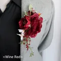 Elegant wine red peony boutonniere with berries pinned on a gray wool blazer - Burgundy