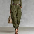Women's army green high waist cargo pants with multi-pockets and a brown leather belt - Army Green