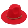Detail of red fedora hat with a thin light brown leather belt buckle on wool felt brim - M (56-58cm) / Red