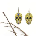 Colorful acrylic skull drop earrings for Day of the Dead and Halloween jewelry - Yellow and Blue Splice