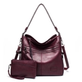 Burgundy faux leather tote bag set with multi-layer zippers and matching clutch - Two-Piece Set / Burgundy