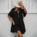 Robe noire femme à col en V, manches courtes et ourlet volanté en mélange coton lin - S / Noir
